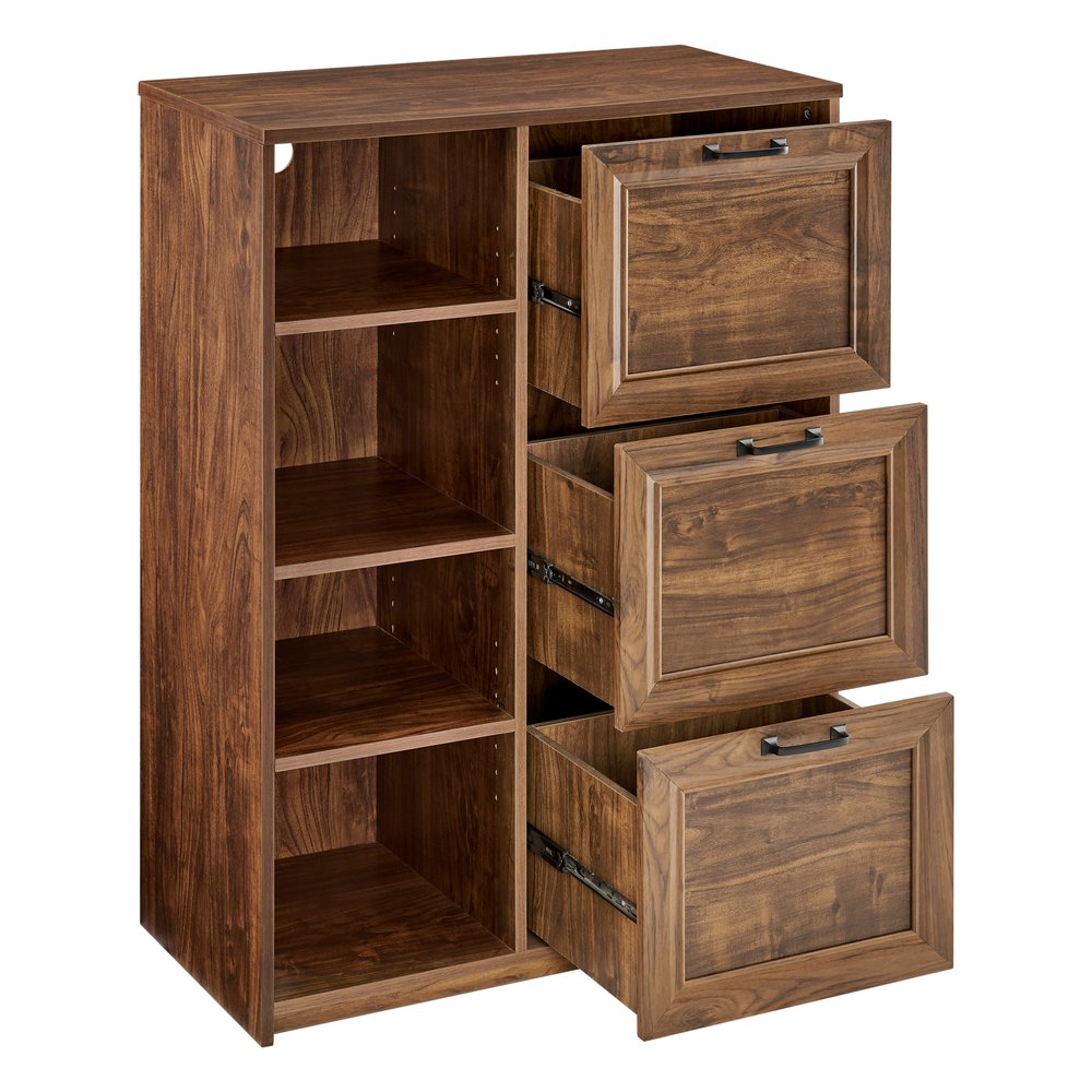 43" Walnut Distressed Wood Three Drawers Filing Cabinet HomeRoots