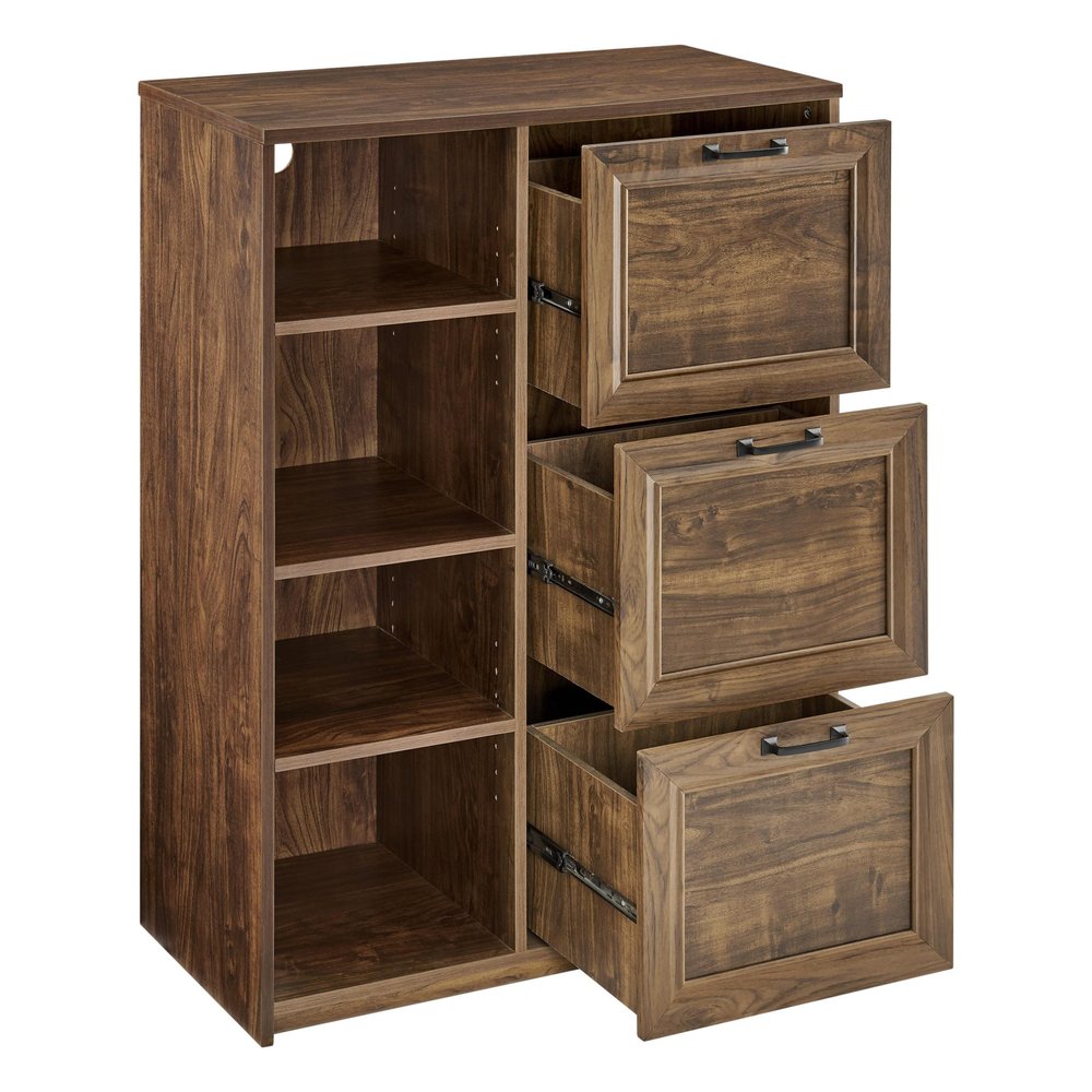 43" Walnut Distressed Wood Three Drawers Filing Cabinet HomeRoots