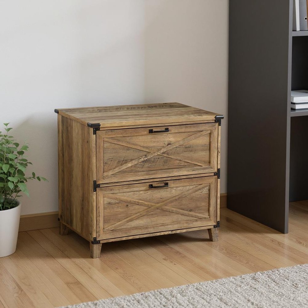 30" Oak Wood Two Drawers Filing Cabinet HomeRoots