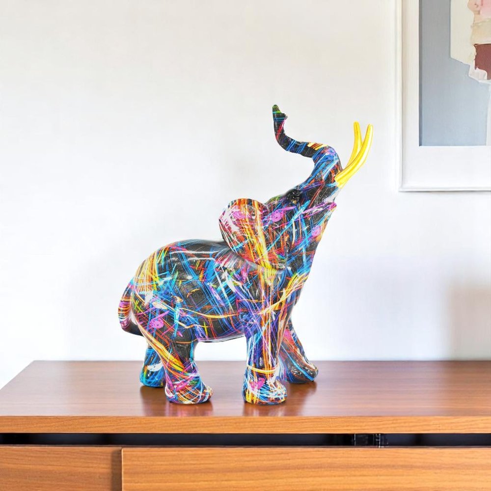 7" Blue Yellow And Pink Resin Elephant Tabletop Sculpture HomeRoots