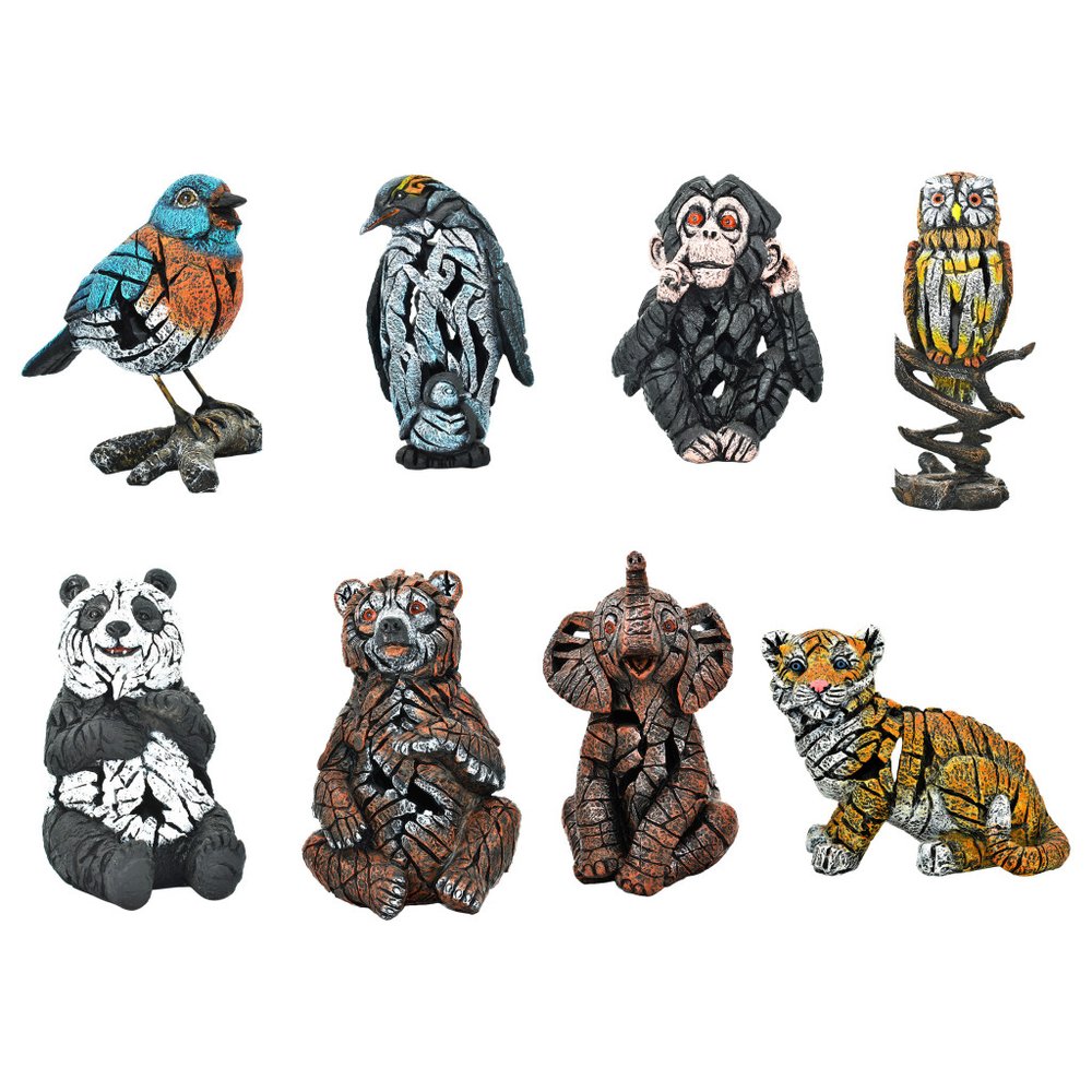 Set of Eight Brown White And Black Resin Panda, Bird, Bear, Monkey, Penguin, Elephant, Tiger, Owl Tabletop Sculpture HomeRoots
