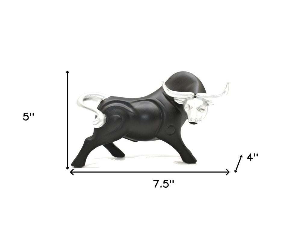 5" Black And Silver Resin Bull Tabletop Sculpture HomeRoots