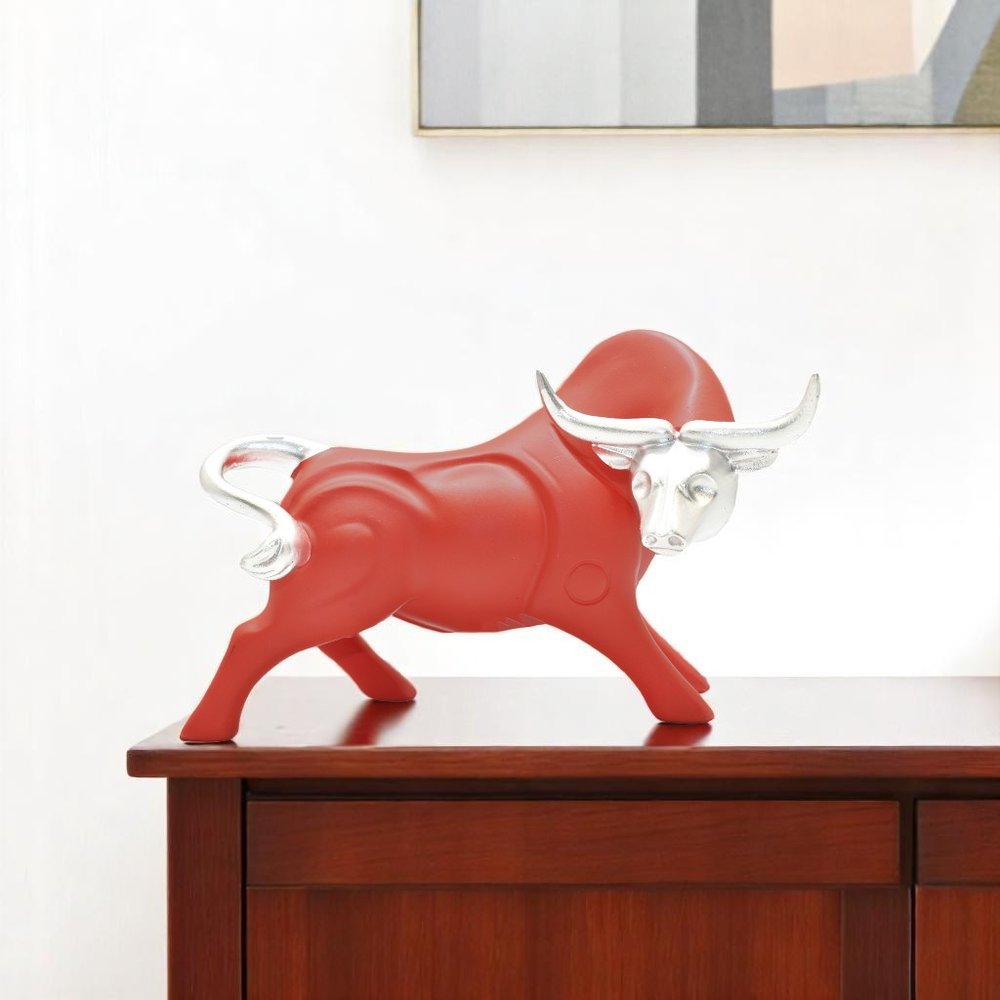 5" Red And Silver Resin Bull Tabletop Sculpture HomeRoots