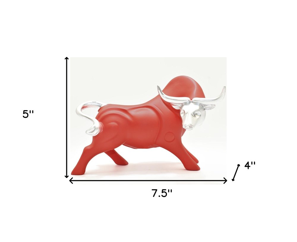5" Red And Silver Resin Bull Tabletop Sculpture HomeRoots