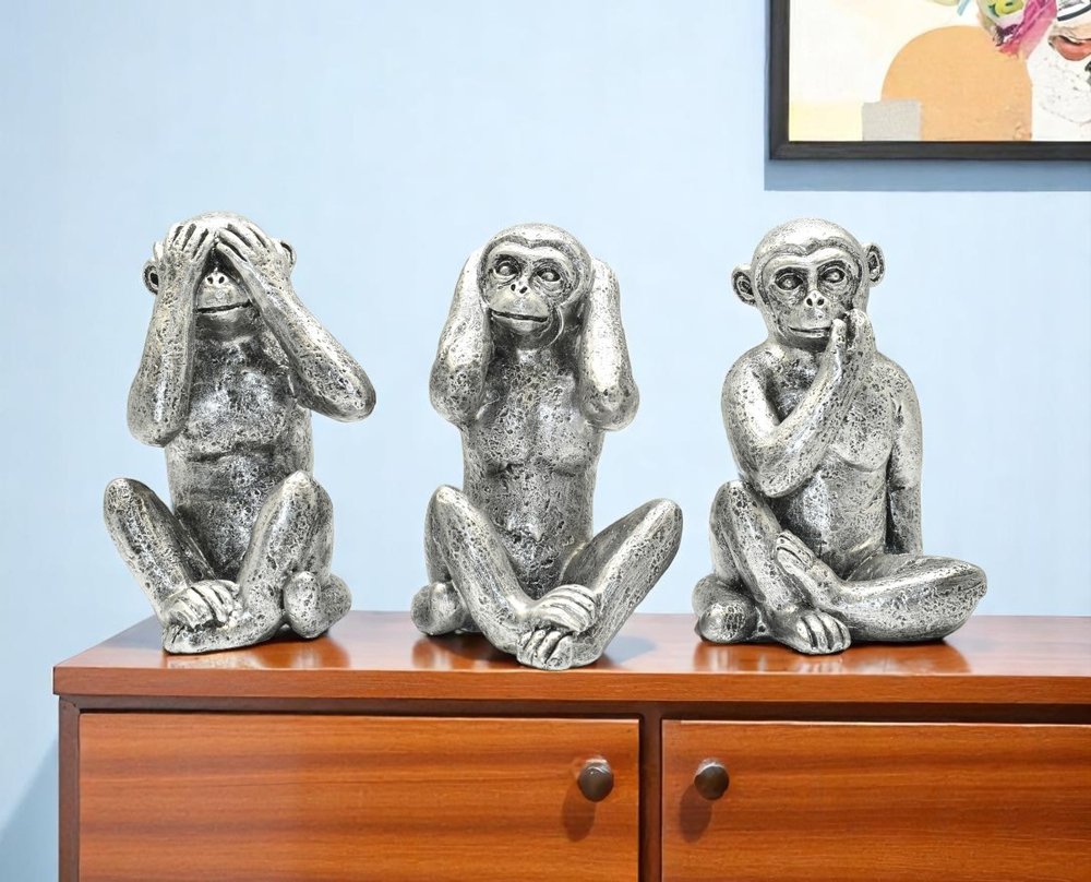 Set of Three Silver Resin Monkey Tabletop Sculpture HomeRoots