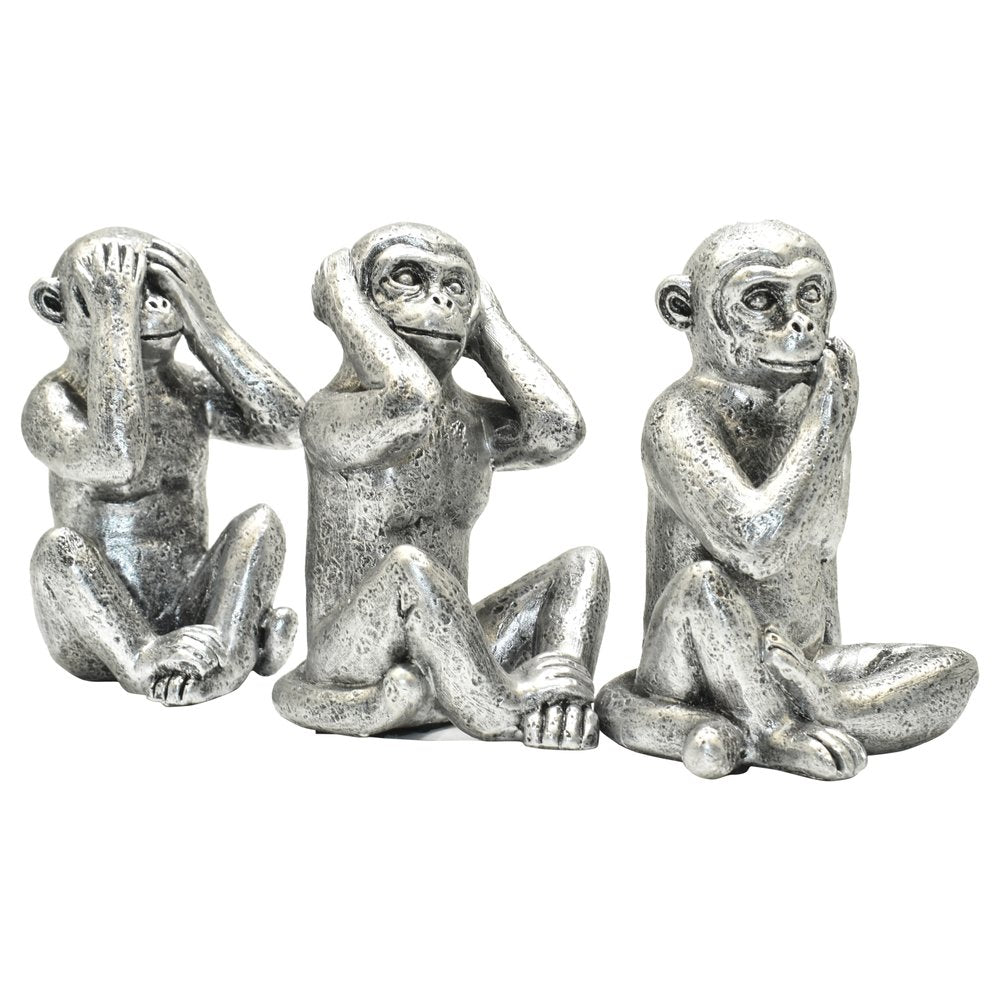 Set of Three Silver Resin Monkey Tabletop Sculpture HomeRoots