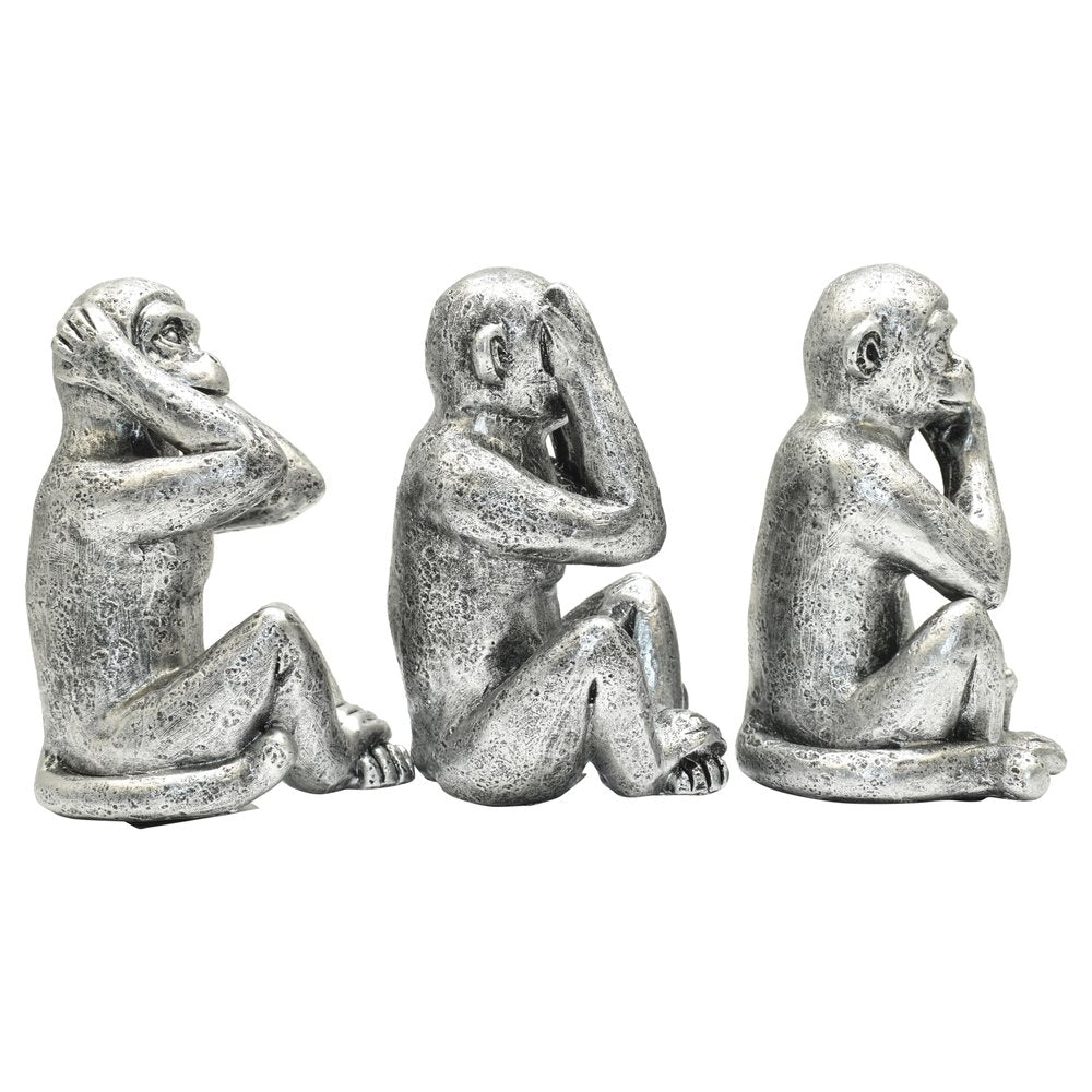 Set of Three Silver Resin Monkey Tabletop Sculpture HomeRoots