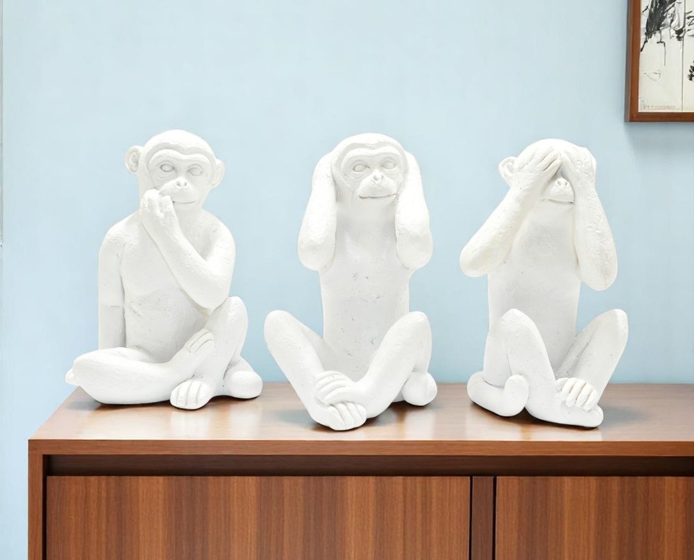 Set of Three White Resin Monkey Tabletop Sculpture HomeRoots