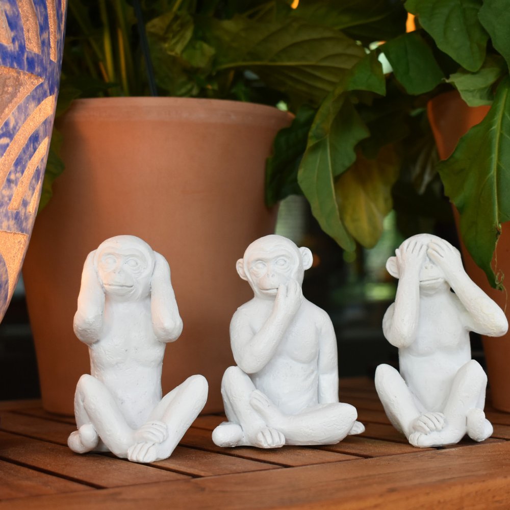 Set of Three White Resin Monkey Tabletop Sculpture HomeRoots