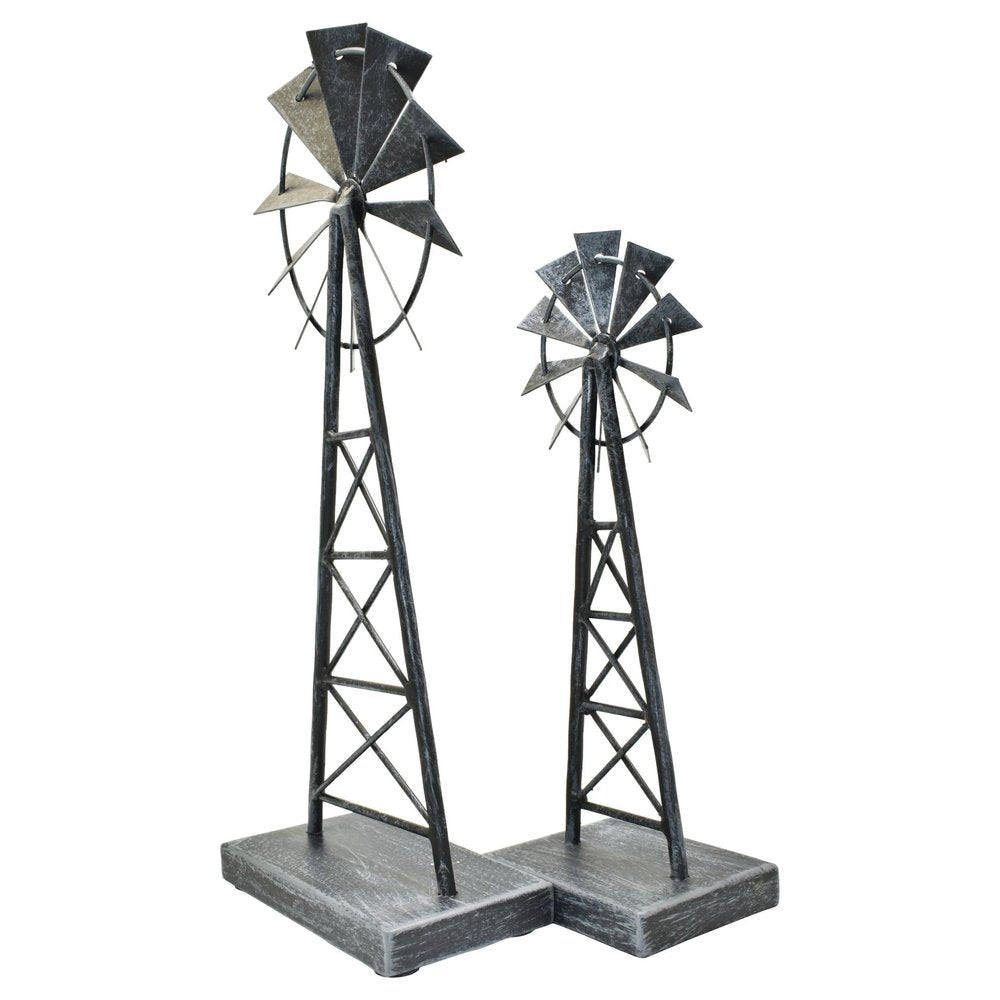 Set of Two Pewter Metal Windmill Tabletop Sculpture HomeRoots