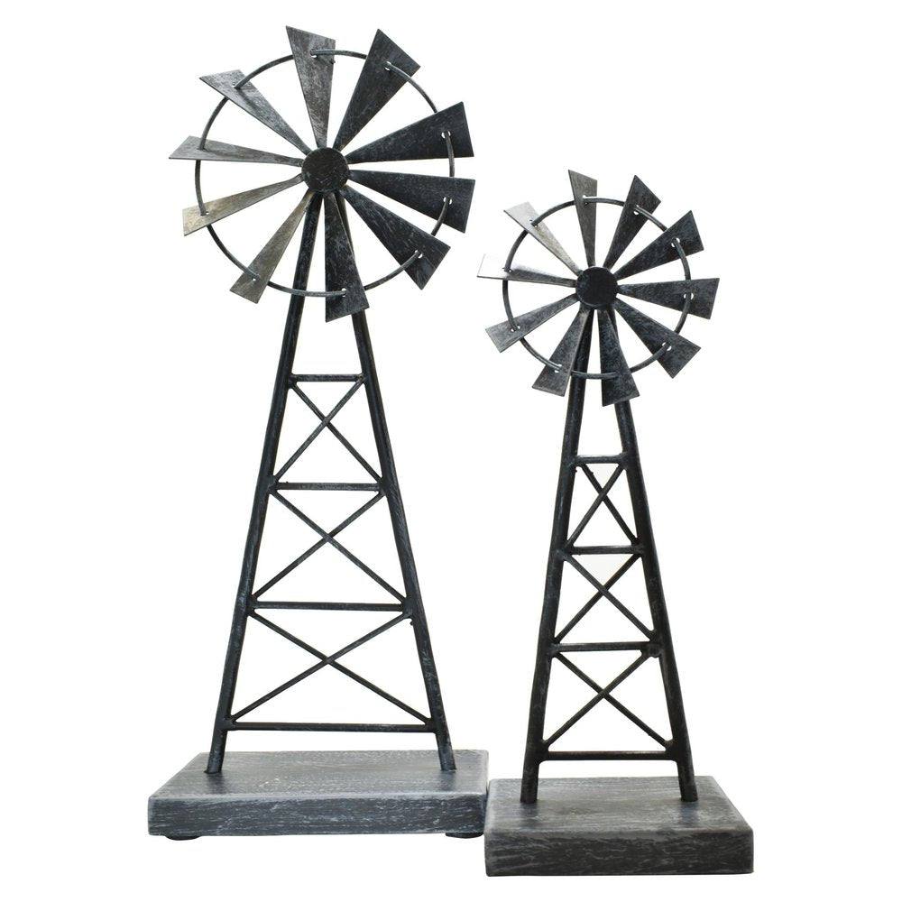 Set of Two Pewter Metal Windmill Tabletop Sculpture HomeRoots