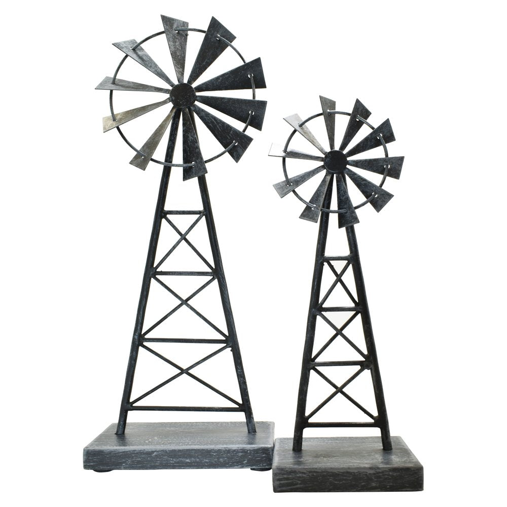 Set of Two Pewter Metal Windmill Tabletop Sculpture HomeRoots