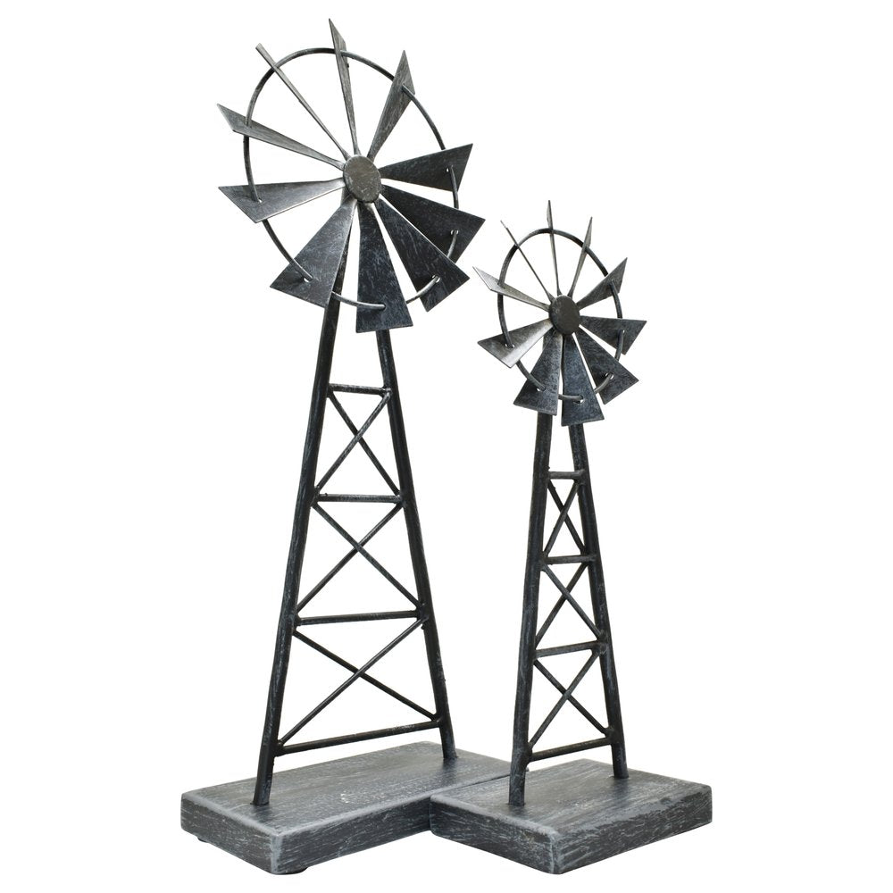 Set of Two Pewter Metal Windmill Tabletop Sculpture HomeRoots