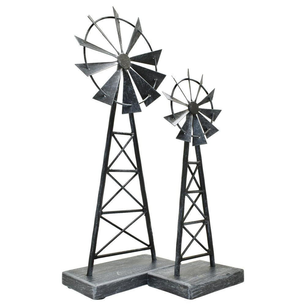 Set of Two Pewter Metal Windmill Tabletop Sculpture HomeRoots