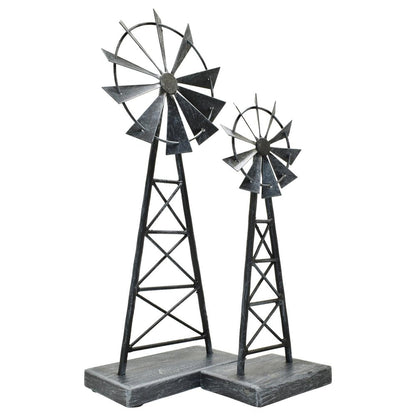 Set of Two Pewter Metal Windmill Tabletop Sculpture HomeRoots