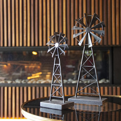 Set of Two Pewter Metal Windmill Tabletop Sculpture HomeRoots