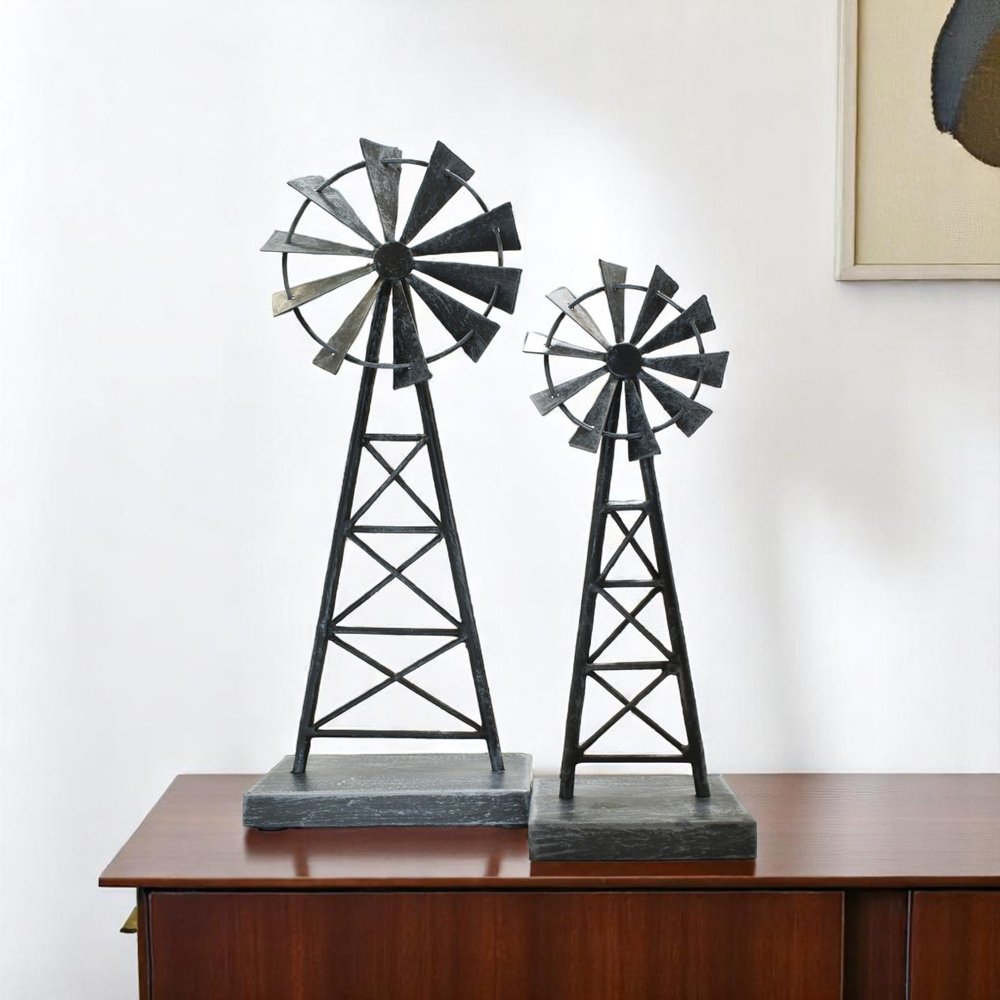 Set of Two Pewter Metal Windmill Tabletop Sculpture HomeRoots