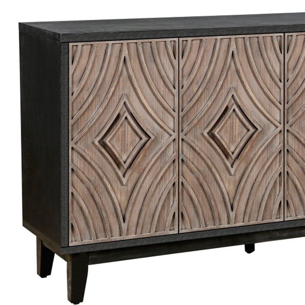 60" Charcoal and Brown Distressed Wood Sideboard with Four Doors HomeRoots