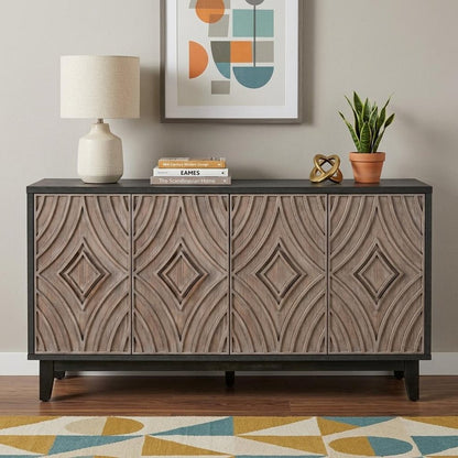 60" Charcoal and Brown Distressed Wood Sideboard with Four Doors HomeRoots