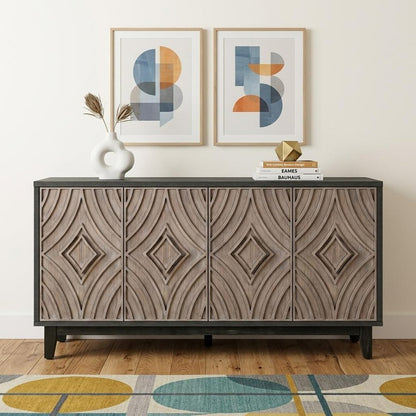 60" Charcoal and Brown Distressed Wood Sideboard with Four Doors HomeRoots