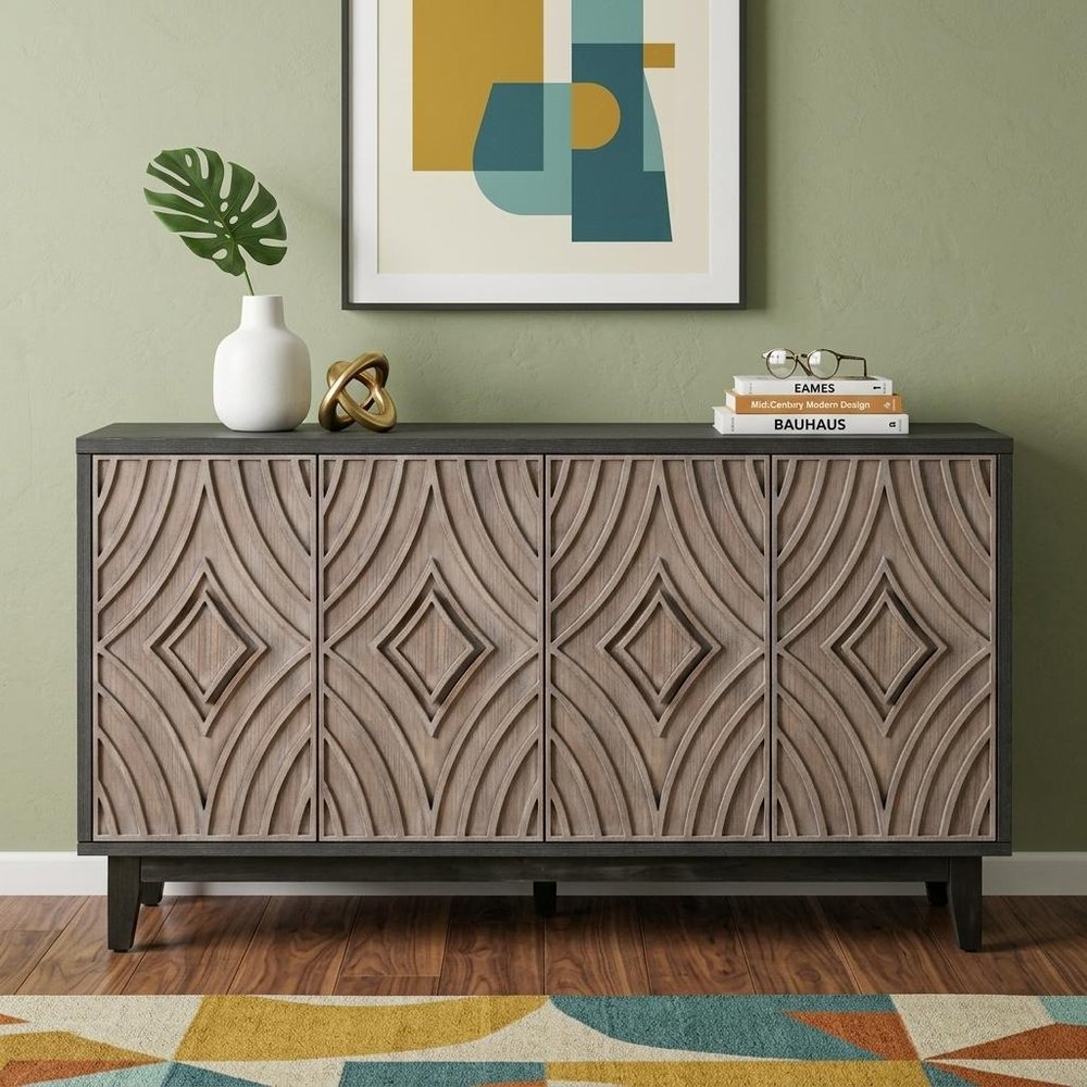 60" Charcoal and Brown Distressed Wood Sideboard with Four Doors HomeRoots