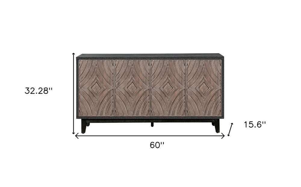 60" Charcoal and Brown Distressed Wood Sideboard with Four Doors HomeRoots