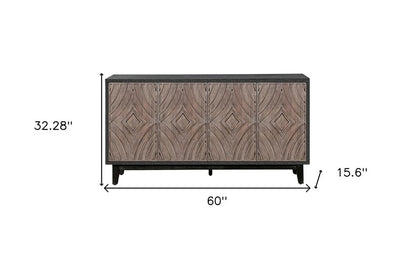 60" Charcoal and Brown Distressed Wood Sideboard with Four Doors HomeRoots