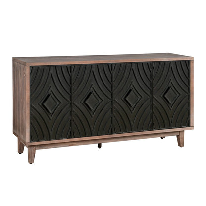 60" Brown and Charcoal Distressed Wood Sideboard with Four Doors HomeRoots