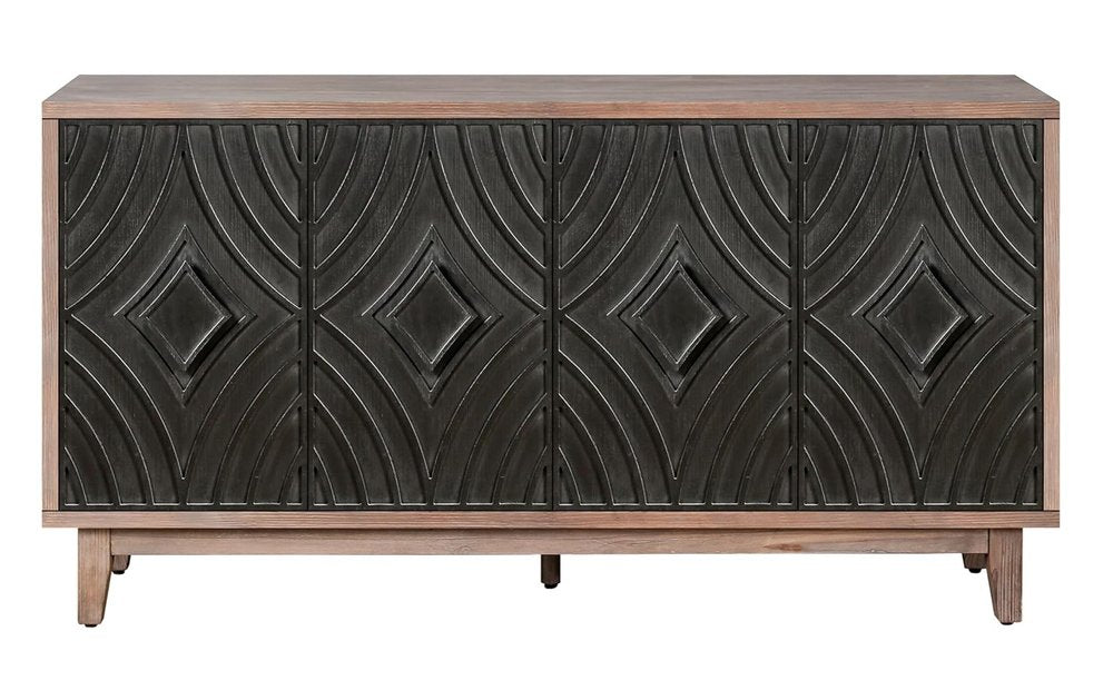 60" Brown and Charcoal Distressed Wood Sideboard with Four Doors HomeRoots