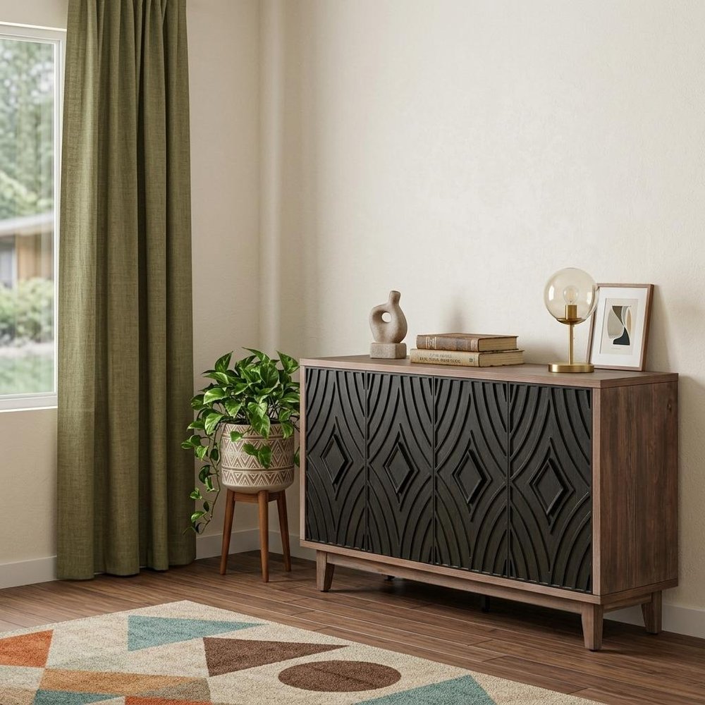 60" Brown and Charcoal Distressed Wood Sideboard with Four Doors HomeRoots