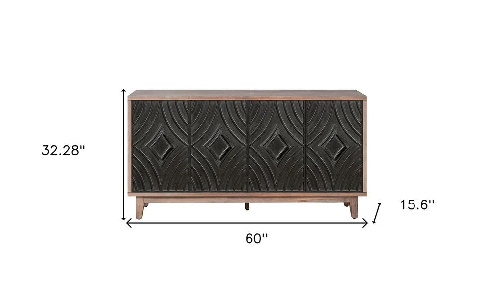 60" Brown and Charcoal Distressed Wood Sideboard with Four Doors HomeRoots