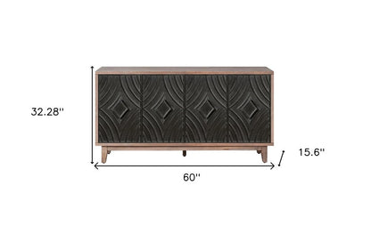 60" Brown and Charcoal Distressed Wood Sideboard with Four Doors HomeRoots