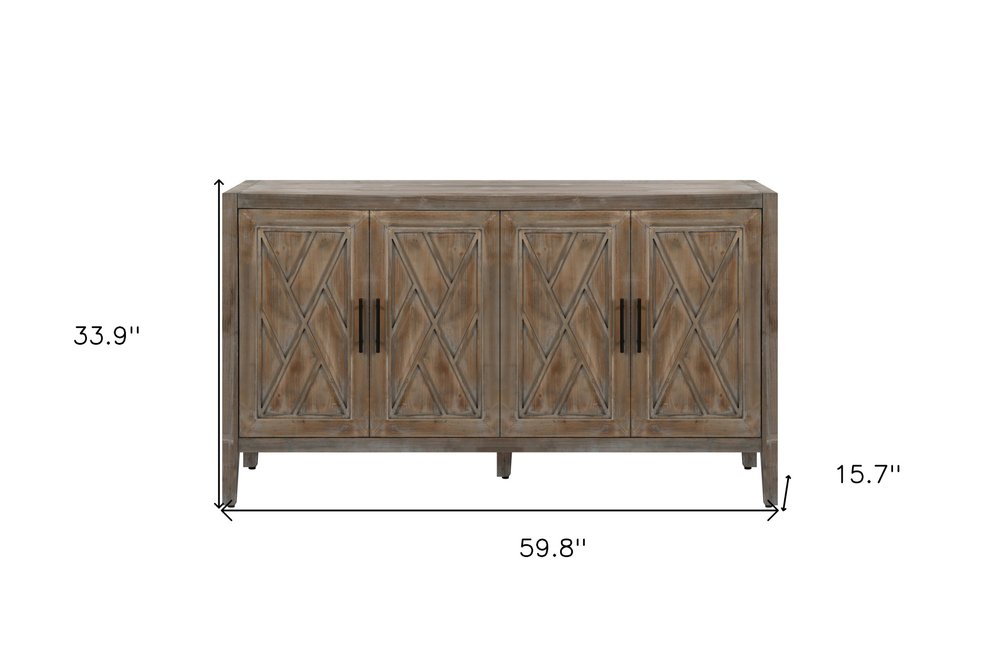 60" Natural and Brown Distressed Carved Geometric Sideboard with Four Doors HomeRoots