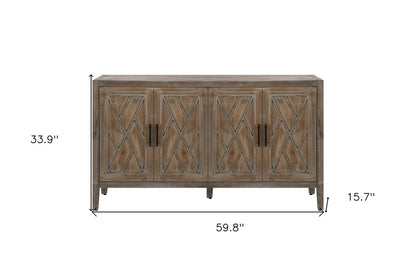 60" Natural and Brown Distressed Carved Geometric Sideboard with Four Doors HomeRoots