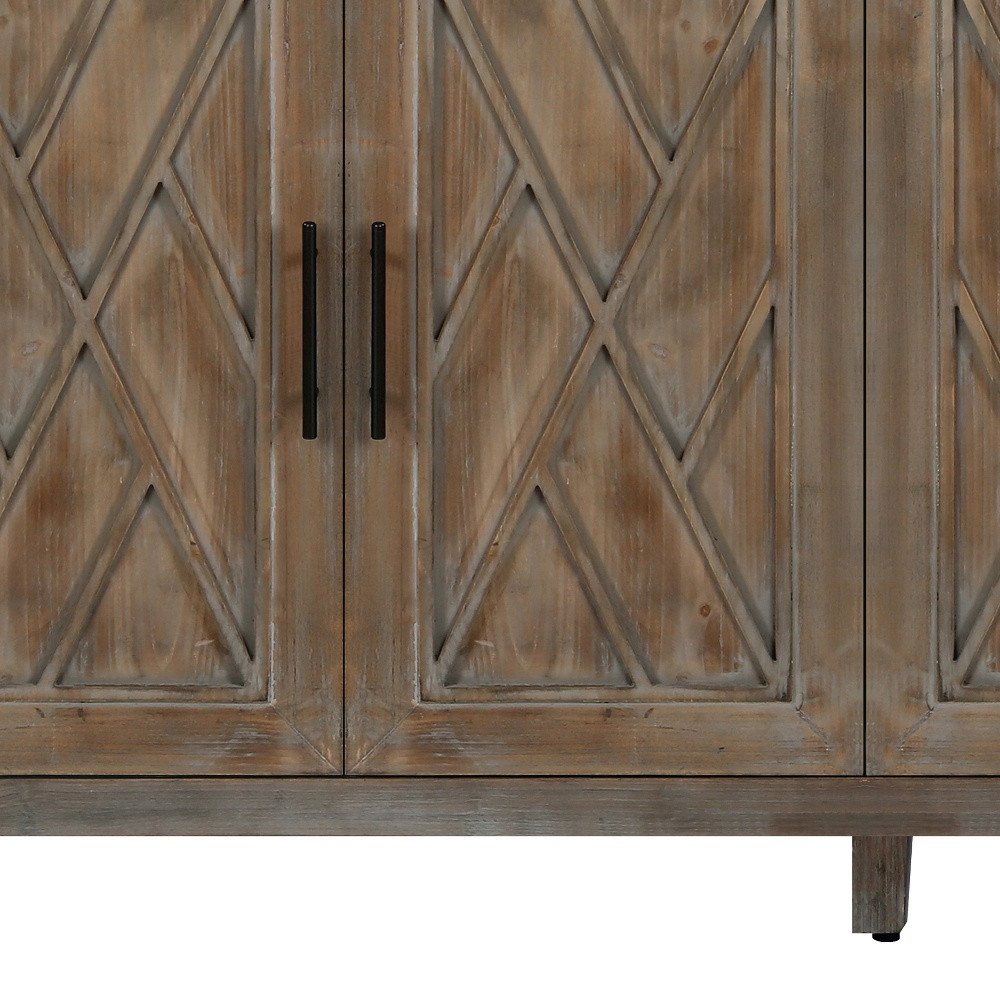 60" Natural and Brown Distressed Carved Geometric Sideboard with Four Doors HomeRoots