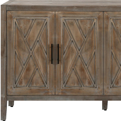 60" Natural and Brown Distressed Carved Geometric Sideboard with Four Doors HomeRoots