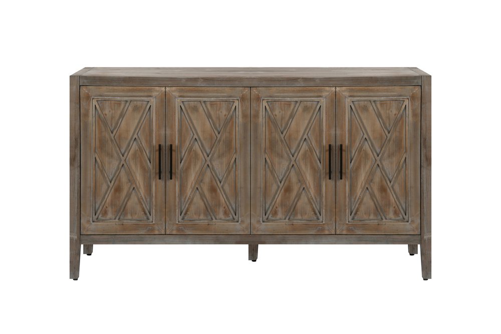 60" Natural and Brown Distressed Carved Geometric Sideboard with Four Doors HomeRoots