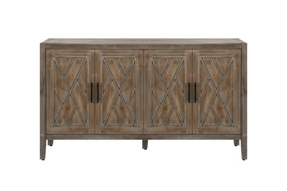 60" Natural and Brown Distressed Carved Geometric Sideboard with Four Doors HomeRoots