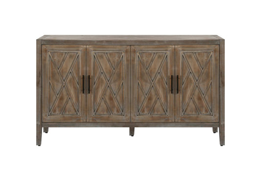 60" Natural and Brown Distressed Carved Geometric Sideboard with Four Doors HomeRoots