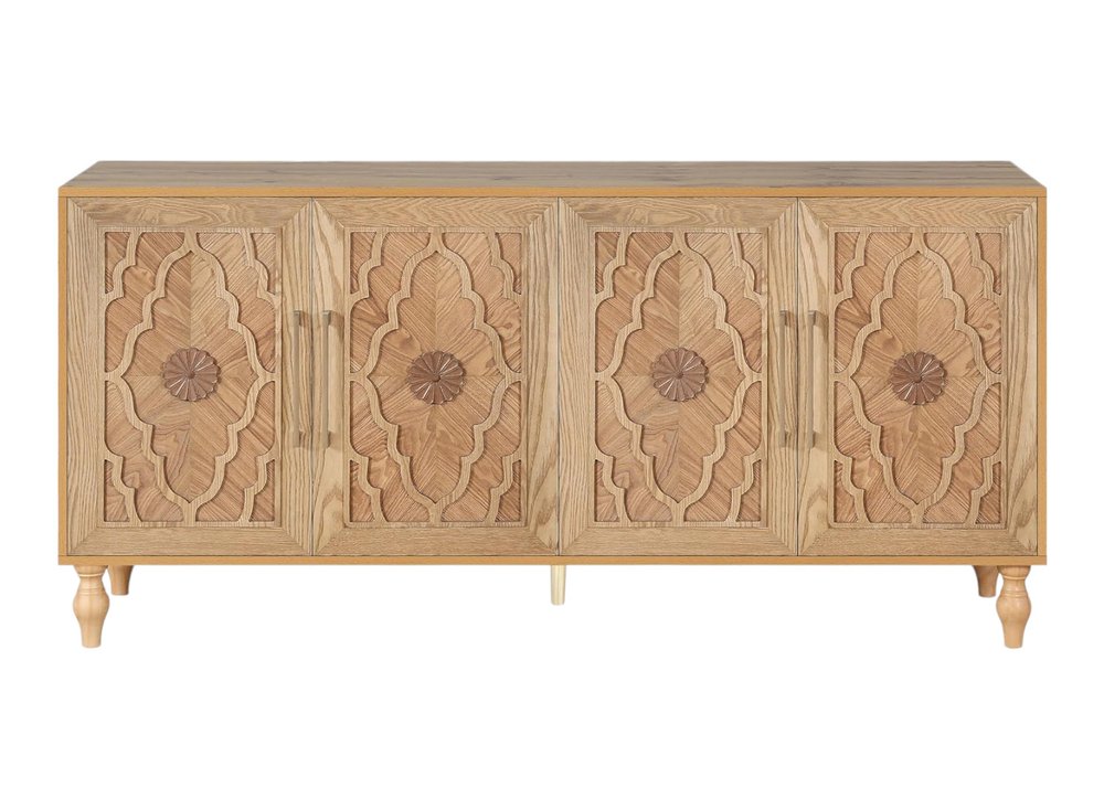68" Natural Distressed Carved Geometric Sideboard with Four Doors HomeRoots