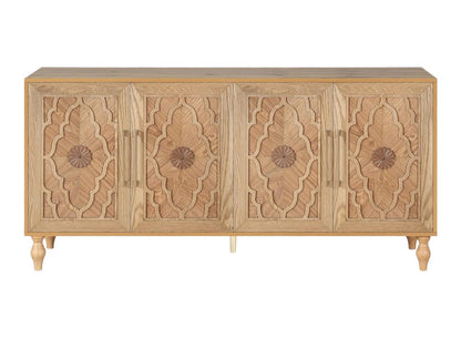 68" Natural Distressed Carved Geometric Sideboard with Four Doors HomeRoots