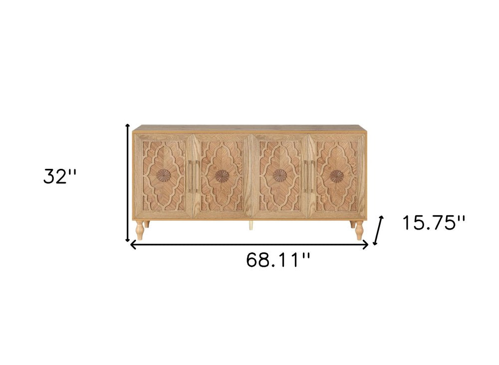 68" Natural Distressed Carved Geometric Sideboard with Four Doors HomeRoots