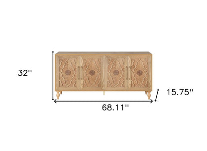 68" Natural Distressed Carved Geometric Sideboard with Four Doors HomeRoots