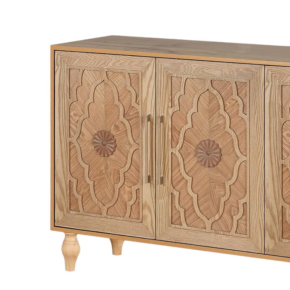 68" Natural Distressed Carved Geometric Sideboard with Four Doors HomeRoots