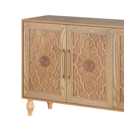 68" Natural Distressed Carved Geometric Sideboard with Four Doors HomeRoots