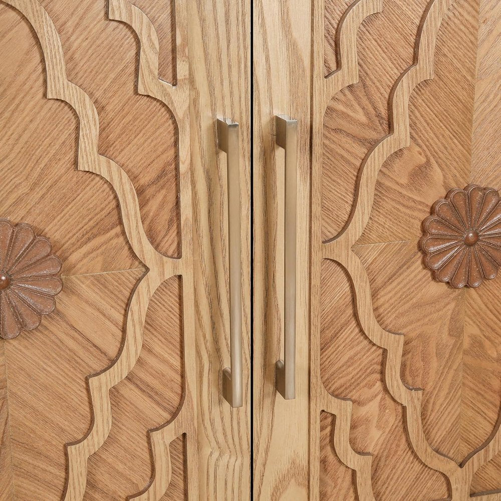 68" Natural Distressed Carved Geometric Sideboard with Four Doors HomeRoots