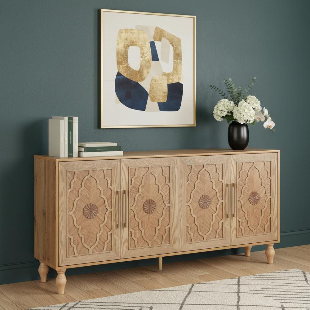 68" Natural Distressed Carved Geometric Sideboard with Four Doors HomeRoots