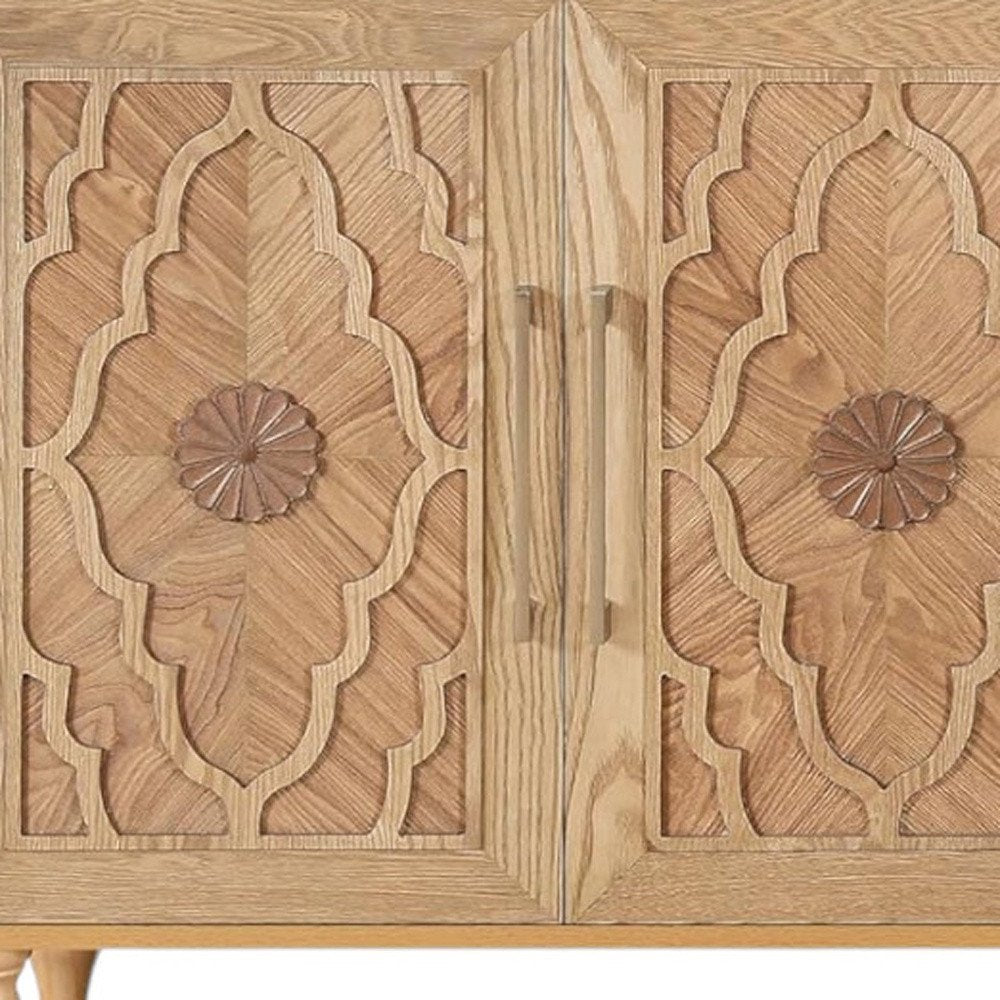 68" Natural Distressed Carved Geometric Sideboard with Four Doors HomeRoots