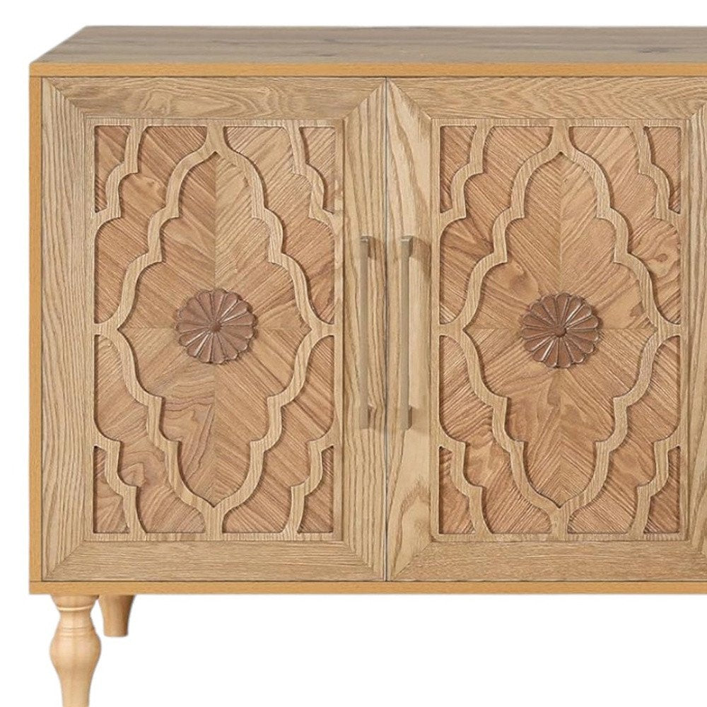 68" Natural Distressed Carved Geometric Sideboard with Four Doors HomeRoots