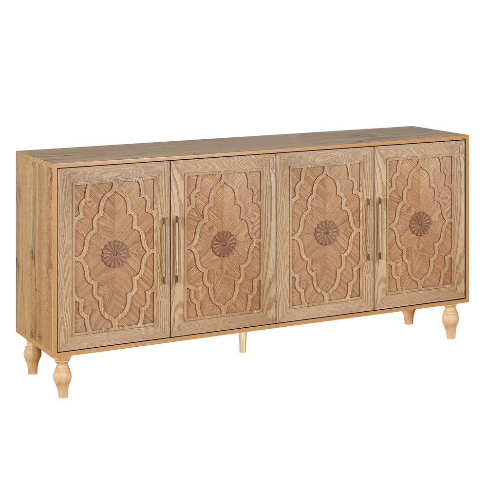 68" Natural Distressed Carved Geometric Sideboard with Four Doors HomeRoots